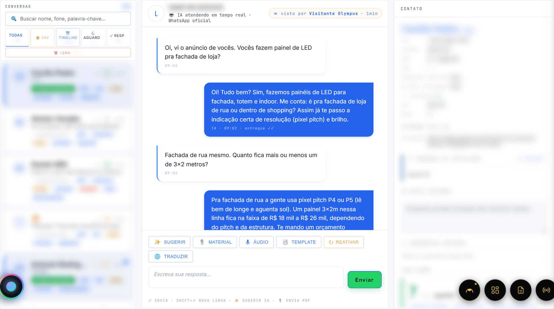 Inbox real do Olympus: a IA atende o lead no WhatsApp oficial em tempo real, respondendo perguntas de preço, prazo e projeto, com o painel do lead à direita (CPL, primeira resposta e intenção extraída pela IA).