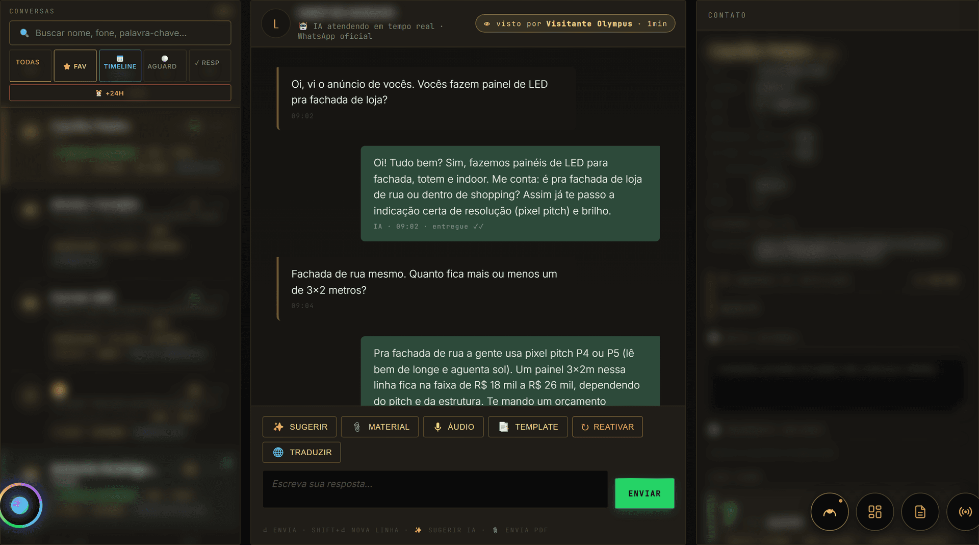 Inbox real do Olympus: a IA atende o lead no WhatsApp oficial em tempo real, respondendo perguntas de preço, prazo e projeto, com o painel do lead à direita (CPL, primeira resposta e intenção extraída pela IA).